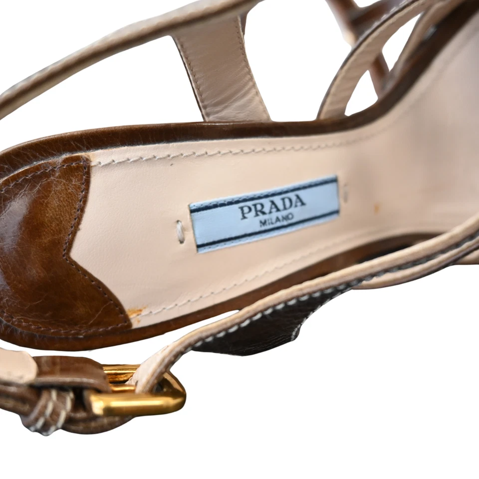 Sandalias Prada Enjauladas 37 EE. UU. 7 Cuero Marrón Tirantes Imitación Madera Tacones Plataforma Italia Foto 4 de 4
