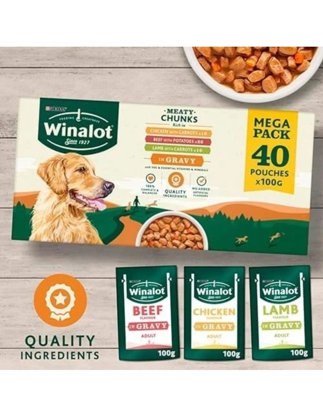 WINALOT Adult Wet Dog Food – Meaty Chunks Mixed in Gravy | 40 x 100g Pouches