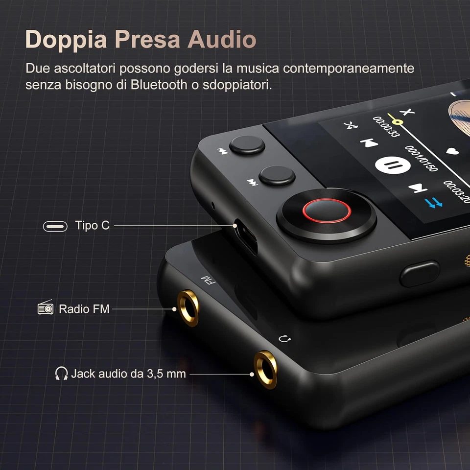 Lettore MP3 Bluetooth 5.3, 128 GB Di Memoria, Touchscreen Da 2,4 Pollici, Radio  - Immagine 4 di 4