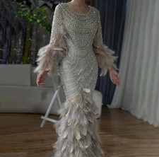 Luxury Dubai Feathers Nude Evening Dresses Long Sleeves Arabic Wedding Formal 