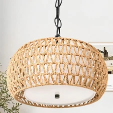 Rattan Chandelier with Fabric Shade, 3-Lights Boho Light Fixture with Adjusta...