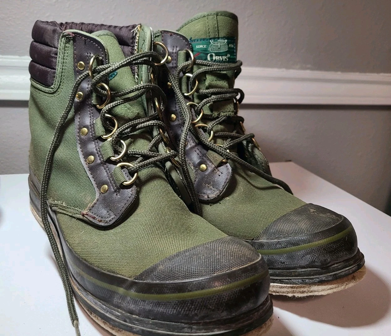 ORVIS FLY FISHING BOOTS CANVAS FELT BOTTOM DARK GREEN US MENS SIZE 10 WADING