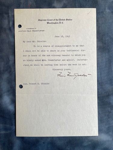 Vintage Justice Felix Frankfurter Signed Letter Supreme Court 1945