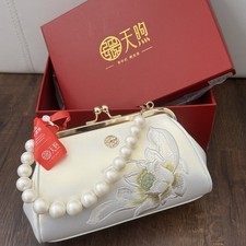 BNIB White ivory Han Dynasty lotus embroidered leather handbag