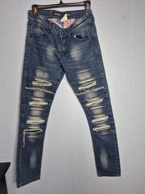 Hard Hard Soda Men Distressed Ripped Motor Biker Slim Skinny Jeans Blue 30