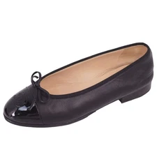 CHANEL A02819 PUMPS FLAT CAP TOE COCOMARK RIBBON LAMBS LEATHER SHOES Used MOLO-0
