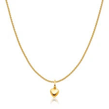 14K Yellow Gold Plain Heart Charm Pendant with 0.9mm Wheat Chain Necklace