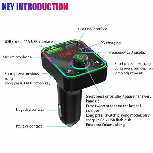 Bluetooth Car Wireless FM Transmitter Adapter 2USB PD + AUX MP3 A69C Q5N6 T U6P2 - Picture 11 of 12