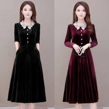 Women Pleated Dresses Lace Velvet Velour Long Sleeve Button Workwear Casual