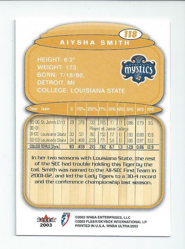 Aiysha Smith 2003 Ultra WNBA Rookie Card #118 | eBay