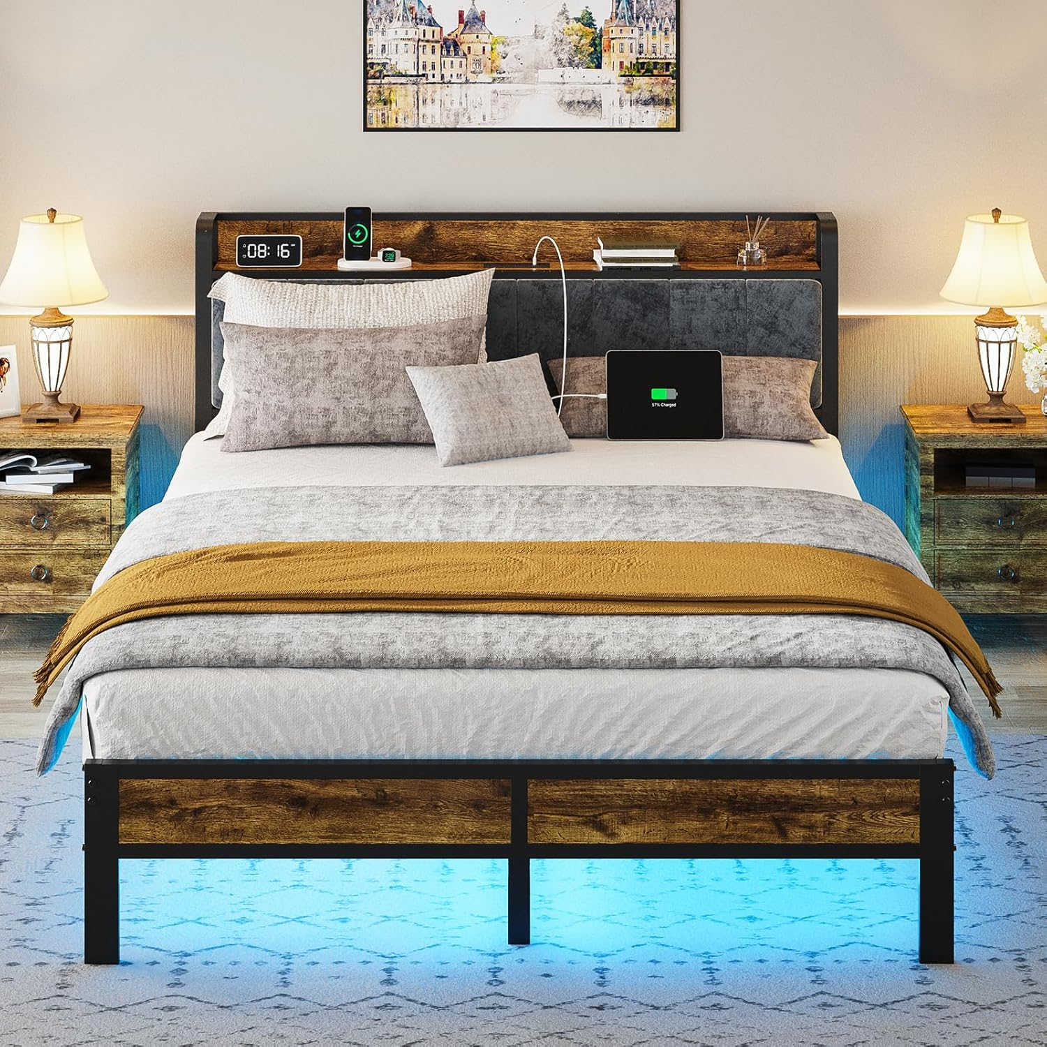 Queen Bed Frame with Headboard, Metal Platform Bed with Smart LED Lights and USB