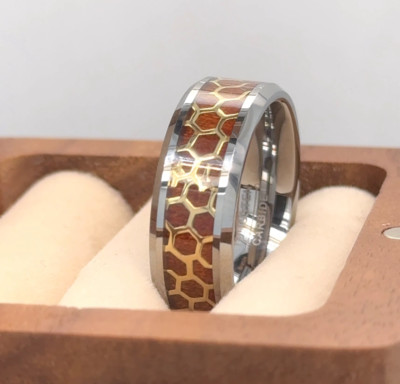 Silver Tungsten Band Wife Valentine Gifts Honeycomb Cut Out Inlay Rosewood Ring