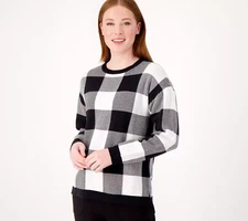 NEW Denim & Co. XL Plaid Jacquard Pullover Sweater Black/White Buffalo QVC 2072