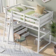 Twin Size Wood Loft Bed with Desk,Storage Shelves and Two Built-in Drawers,White