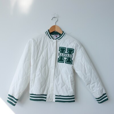 HARVARD University Jacket Girls 11-12 White Varsity Quilted Bomber Green  School