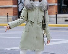 Coat size Xs women Mint Green Faux Fur Hooded Warn Thick New Parka