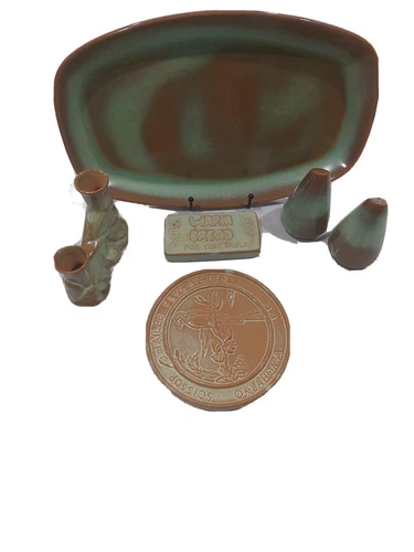 Frankoma pottery prairie green Lot of Platter, Salt pepper, Trivets etc