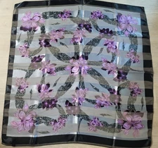 Womens Scarf Floral Purple Black Silver Mettalic Polyester 38x35 Head Wrap 