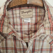 Wrangler Western Fashion Snap Shirt Men XXL Plaid Pearl Snap Tan Orange Yoke