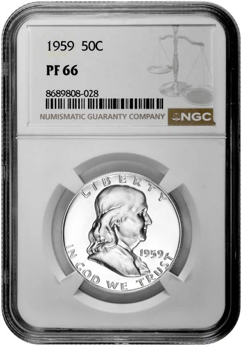 1959 50C Proof Silver Franklin Half Dollar NGC Graded PF 66 in New Holder