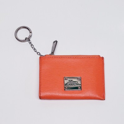 Lauren Ralph Lauren Orange Leather Silver Key Chain  Coin Purse Zip Wallet Used