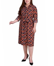 NY Collection Plus Size 1X Printed Shirt Dress Navy Beige SALE $58