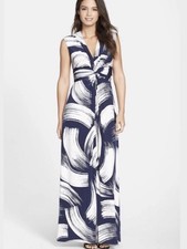 Eliza J Brushstroke Maxi Dress Belted Knotted Waist Abstract Print Navy size  12
