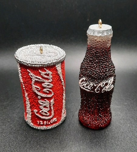 Vintage Coca-Cola Can And Bottle Christmas Beaded Glittery Textured Ornaments