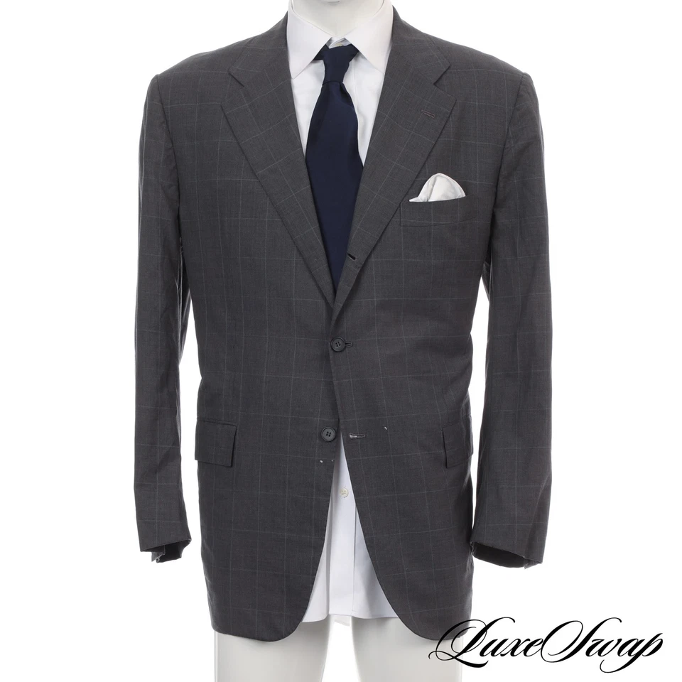 #1 MENSWEAR Kiton Napoli Made In Italy S180s Blanc Blu Grey Windowpane Jacket 56 - Image 2 of 4