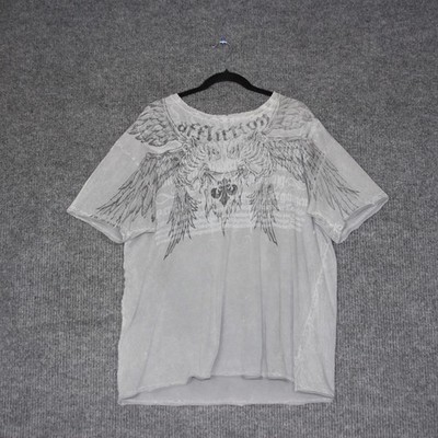 Affliction Mens 2XL T Shirt Graphic Wings Skull Print Gray Grunge Goth Y2K