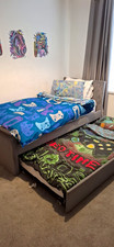 Grey Fabric Upholstered Single Trundle Bed Frame, Modern Solid Upholstery
