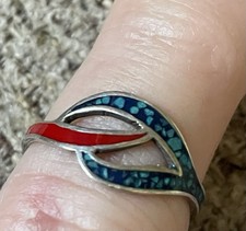 Red Enamel And Turquoise Inlay Sterling Ring Marked 925 Size 5.5 Mexico