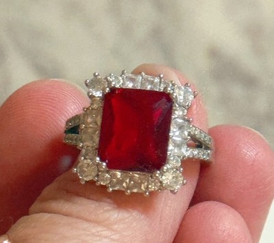 Vintage Ruby Red Halo Ring Silver Tone Statement Ring vintage jewellery 