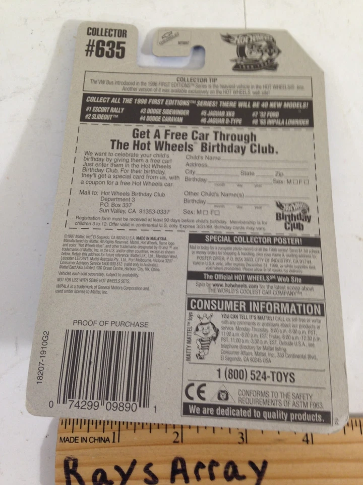 1998 Hot Wheels #635 First Editions 8/40 '65 IMPALA LOWRIDER Purple w/ Gold Lace - Image 2 of 4