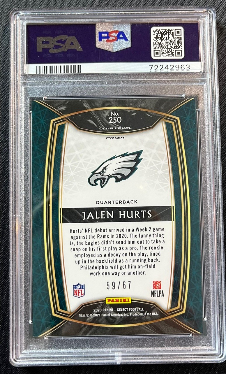 2020 Panini Select -  Club Level PSA 9 Jalen Hurts #250 Dragon Scale Prizm /67 view 2