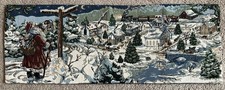 Vtg Christmas Tapestry Table Runner 12x33  Santa Crossroad Town Train, Made USA