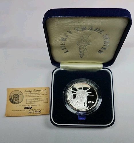 1985 Proof JM Johnson Matthey MTB 1oz .999 Liberty Trade Silver Round. Box + COA