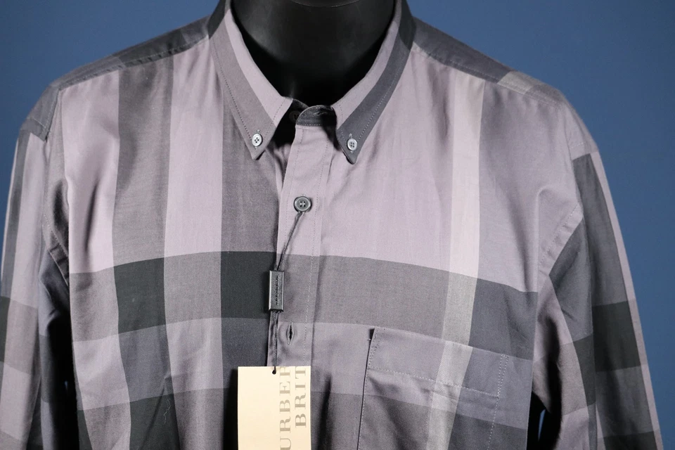 全新带标签 Burberry Brit 木炭灰色爆炸 Nova Check 衬衫纽扣男式 XL 46 — 第 2/4 张图片