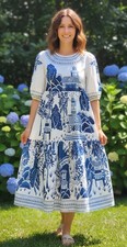 FARM RIO Women's Maxi Dress Ancient Garden Sz S White/Blue Tiered Boho Artsy