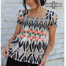 NWOT Rowdy Crowd Clothing Smocked Bodice Puff Sleeve Aztec/Southwest Top Size XL