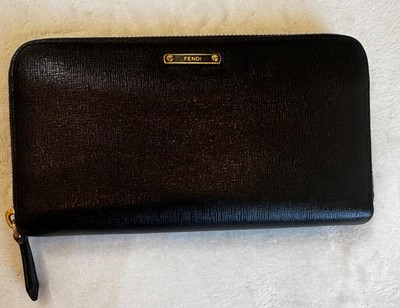 Authentic Fendi Zip Around Wallet Black Leather Gold Hardware Italy
