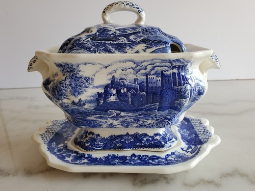 Blue Trimont Soup Tureen Vintage Transferware w/ Plate, Lid Castle Design