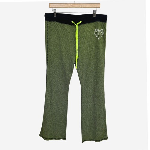 Y2K Derek Heart Flare Striped Sweatpants XL Rhinestone Heart Green Black Grunge