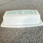 White Milk Glass Covered Butter Dish w/ Lid, Blue Scenic Nature, Vintage