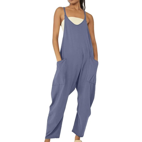 Womens Summer Jumpsuit Sleeveless Loose Solid Color Strap Loose Jumpsuit Pocket - Picture 29 of 63