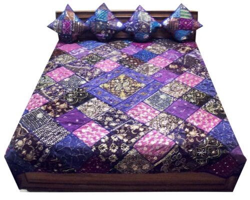 33% OFF 5 PC HANDCRAFTED SEQUIN BEAD SARI QUILT BLANKET THROW BEDSPREAD COVERLET - Picture 1 of 12