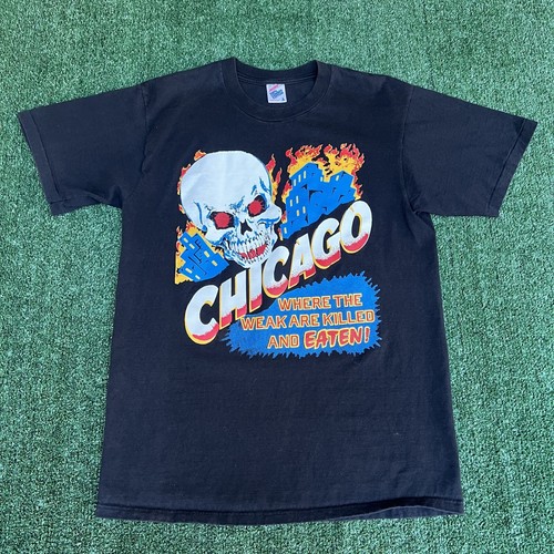 VTG 90s Chicago Where The Weak Are Killed and Eaten Skulls Flames T-Shirt Large - Picture 2 of 9