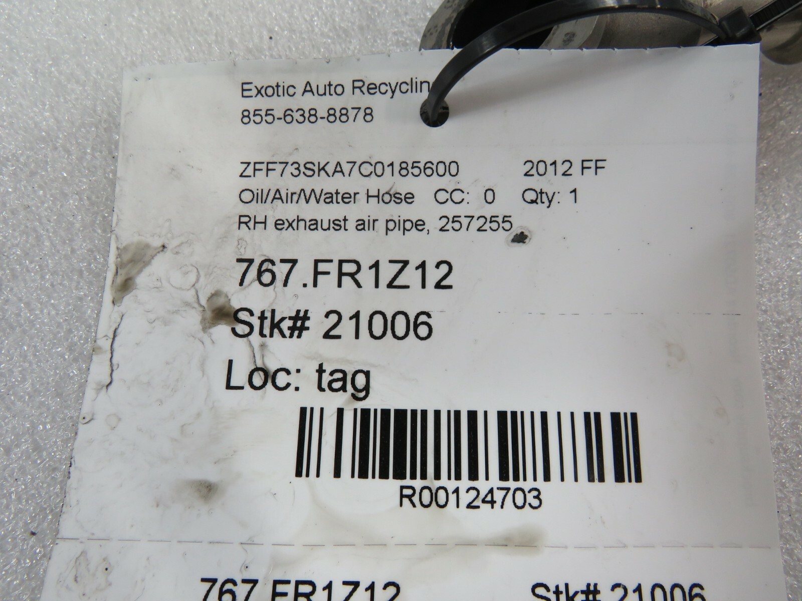 Ferrari FF, RH, Right, Exhaust Air Pipe, Used, P/N 257255