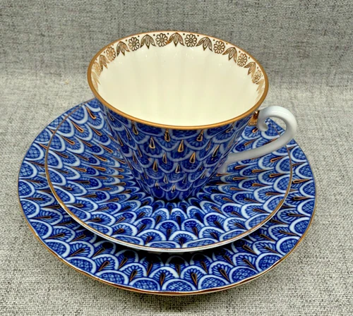 Lomonosov Imperial Porcelain Cup And Saucer Plate Set Blue Gold Feathers Russian