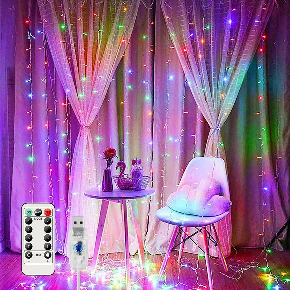 300 LED Curtain String Lights 8 Lighting Modes Multicolor USB Powered Xmas Decor - Image 4 of 4